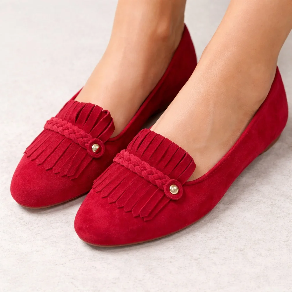 Birdies Red Cardinal Suede Flat Loafer Slippers Kiltie fringe Slippers Size 6